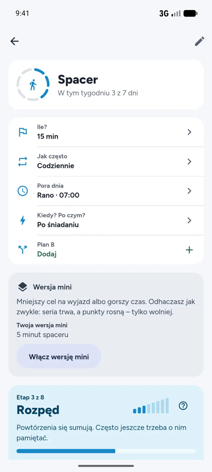 Szczegóły nawyku: punkty, obecny etap i droga do kolejnego etapu.