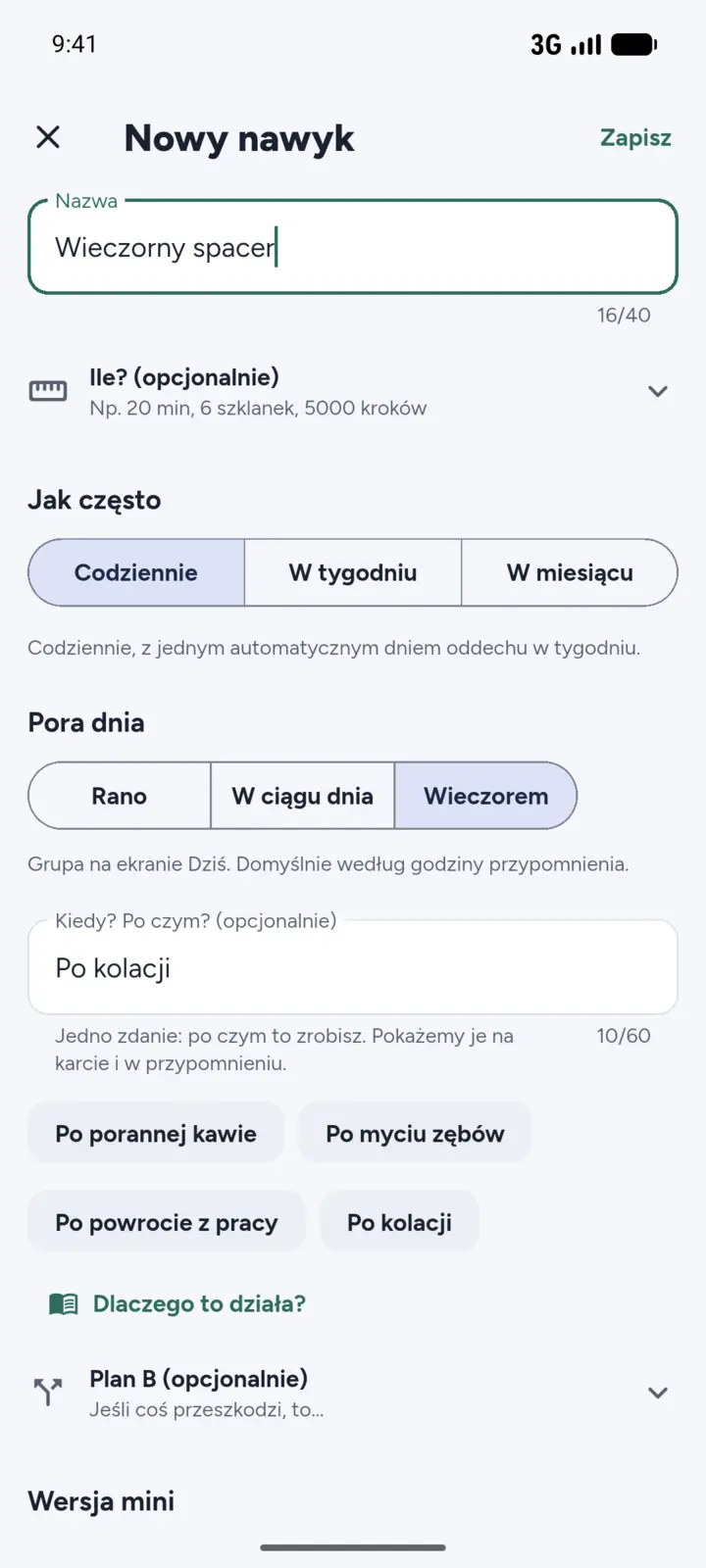 Formularz nowego nawyku: nazwa, ikona, kolor, częstotliwość i pole „Kiedy? Po czym?”.