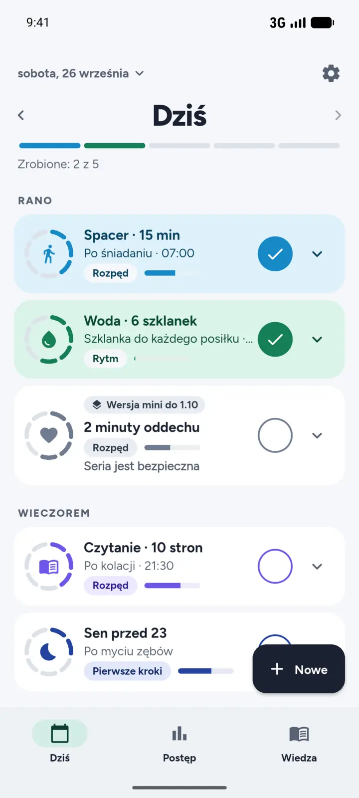 Ekran Dziś w aplikacji Grooveday: lista dzisiejszych nawyków pogrupowana według pory dnia, przy każdym przycisk do odhaczenia.